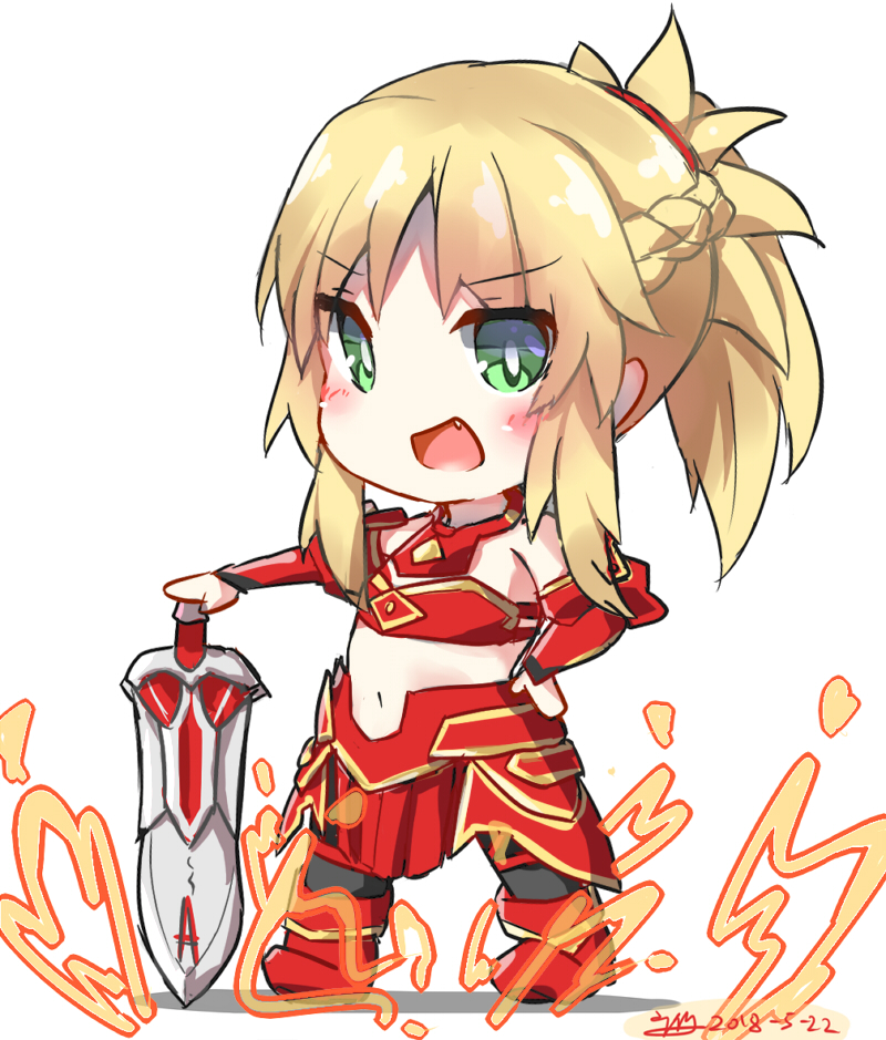 :d armor bad_id bad_pixiv_id bangs bare_shoulders black_legwear blonde_hair blush boots braid breastplate chibi commentary_request dated dreamusun eyebrows_visible_through_hair fang fate/apocrypha fate_(series) fire green_eyes hand_on_hilt hand_on_hip long_hair mordred_(fate) mordred_(fate)_(all) navel open_mouth ponytail red_armor red_footwear sidelocks signature smile solo standing sword thighhighs weapon white_background