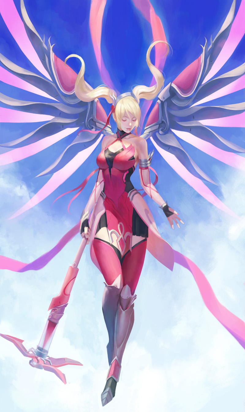 alternate_costume alternate_hairstyle blonde_hair blue_sky closed_eyes commentary_request fingerless_gloves gloves hair_ribbon highres mechanical_wings mercy_(overwatch) midair nail_polish overwatch phamoz pink_legwear pink_mercy pink_nails ribbon sky smile solo staff thighhighs twintails wings