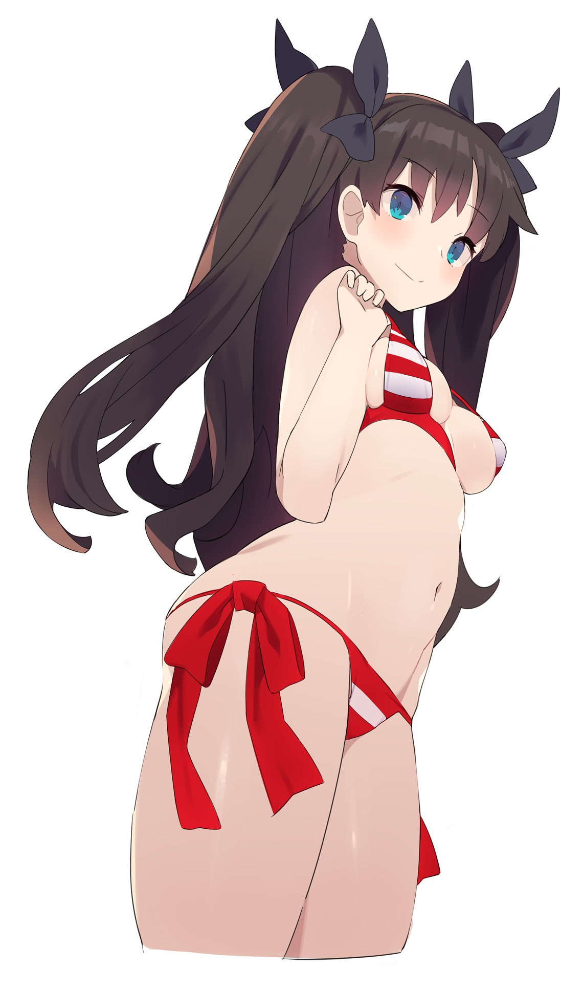 bikini black_hair blue_eyes bow breasts cleavage commentary_request cosplay cowboy_shot cropped_legs eyebrows_visible_through_hair fate/grand_order fate_(series) hair_bow hajime_(hajime-ill-1st) hand_up highres long_hair medium_breasts navel nero_claudius_(fate)_(all) nero_claudius_(swimsuit_caster)_(fate) nero_claudius_(swimsuit_caster)_(fate)_(cosplay) shiny shiny_skin side-tie_bikini simple_background smile solo strap_gap striped striped_bikini swimsuit toosaka_rin two_side_up white_background