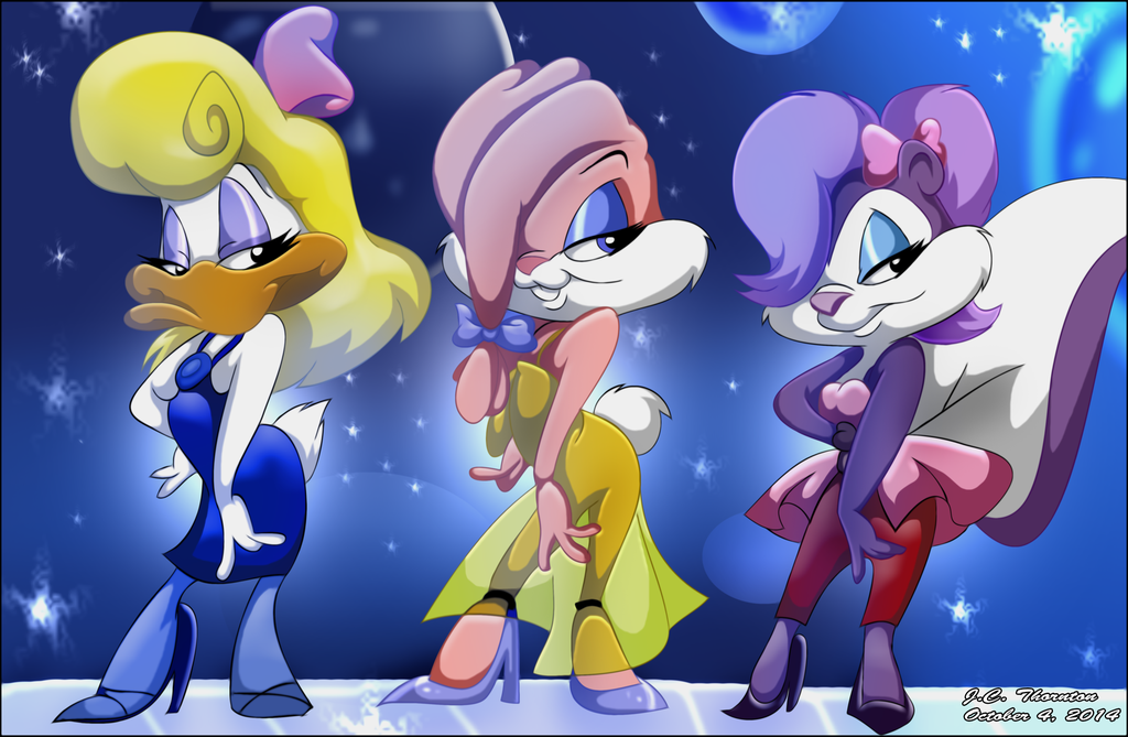 2014 anthro avian babs_bunny bird blonde_hair bow buckteeth clothing dress duck female fifi_la_fume footwear fur group hair high_heels jcthornton lagomorph makeup mammal pink_fur purple_fur rabbit shirley_the_loon shoes skunk teeth tiny_toon_adventures warner_brothers