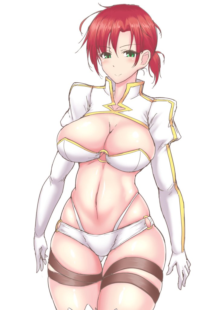 ass_visible_through_thighs bangs bikini boudica_(fate/grand_order) breasts cleavage closed_mouth commentary cowboy_shot fate/grand_order fate_(series) gloves green_eyes highleg highleg_bikini juliet_sleeves large_breasts layered_bikini long_sleeves looking_at_viewer muchabou navel o-ring o-ring_bottom o-ring_top puffy_sleeves red_hair short_ponytail shrug_(clothing) simple_background smile solo standing swimsuit thigh_gap thigh_strap thighhighs thighs white_background white_bikini white_gloves white_legwear