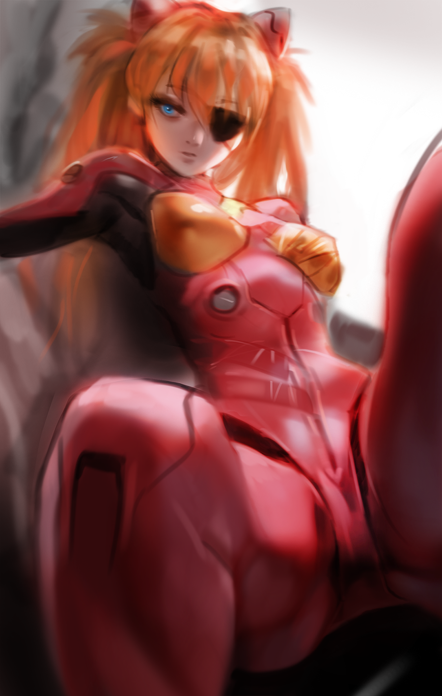 armpits bangs blue_eyes bodysuit breasts cockpit commentary_request crotch evangelion:_3.0_you_can_(not)_redo eyebrows_visible_through_hair eyepatch foreshortening hair_between_eyes head_tilt headgear highres korean_commentary long_hair looking_at_viewer medium_breasts neon_genesis_evangelion one_eye_covered orange_hair outstretched_arm parted_lips pilot_suit plugsuit rebuild_of_evangelion red_bodysuit shikinami_asuka_langley sitting solo souryuu_asuka_langley spread_legs straight_hair tape turtleneck two_side_up yang-do