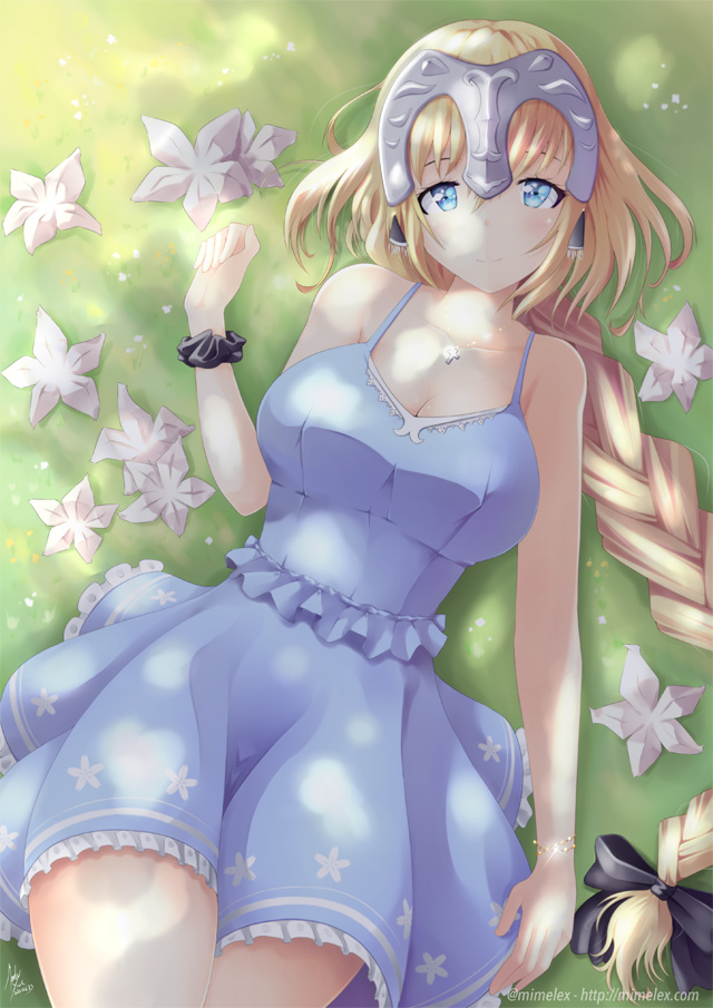 blonde_hair blue_dress blue_eyes blush braid breasts cleavage commentary_request dress fate/grand_order fate_(series) flower head_tilt headpiece jeanne_d'arc_(fate) jeanne_d'arc_(fate)_(all) large_breasts long_braid long_hair looking_at_viewer lying mimelex on_back on_grass on_ground single_braid smile solo spaghetti_strap twitter_username very_long_hair watermark web_address