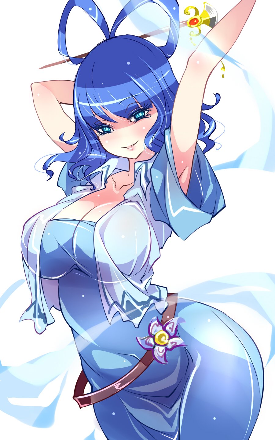 armpits blue_dress blue_eyes breasts cleavage collarbone covered_navel curvy dress flower hagoromo hair_ornament hair_stick highres hips kaku_seiga large_breasts lips looking_at_viewer naughty_face no_nose raptor7 shawl short_hair short_sleeves simple_background tight_dress touhou white_background wide_hips