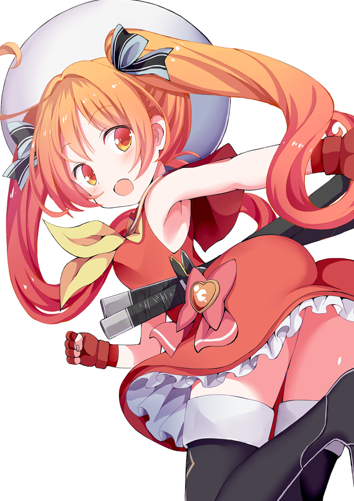 :d armpits ass bangs bare_shoulders black_legwear blush bow copyright_request dress eyebrows_visible_through_hair fingerless_gloves fingernails givuchoko gloves hair_between_eyes hair_bow hat katana long_hair looking_at_viewer looking_back neckerchief open_mouth orange_eyes orange_hair red_dress red_gloves sheath sheathed simple_background sleeveless sleeveless_dress smile solo standing standing_on_one_leg striped striped_bow sword thighhighs twintails very_long_hair weapon white_background white_hat yellow_neckwear