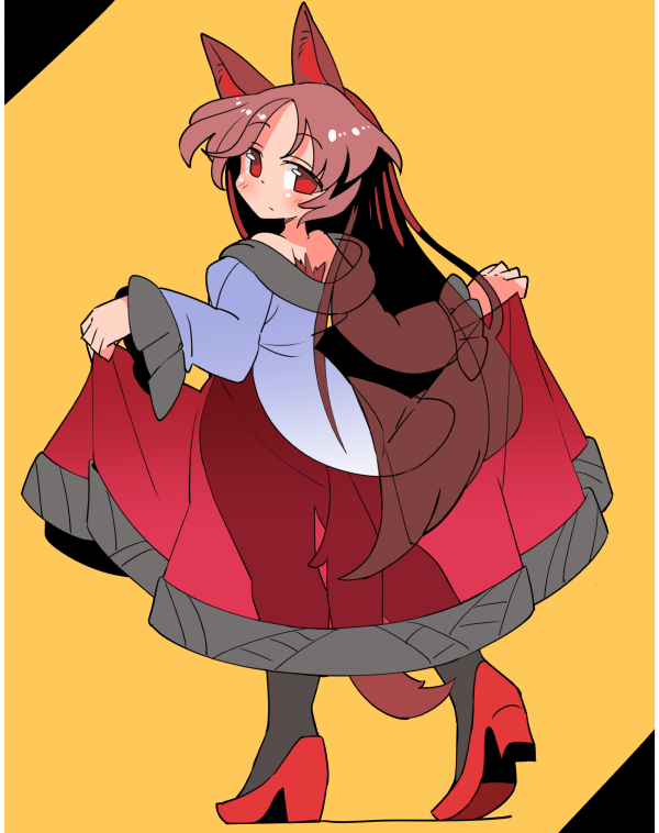animal_ears black_legwear brown_hair closed_mouth commentary dress from_behind high_heels imaizumi_kagerou ini_(inunabe00) long_hair long_sleeves looking_at_viewer pantyhose red_dress red_eyes red_footwear see-through_silhouette solo tail touhou wolf_ears wolf_tail