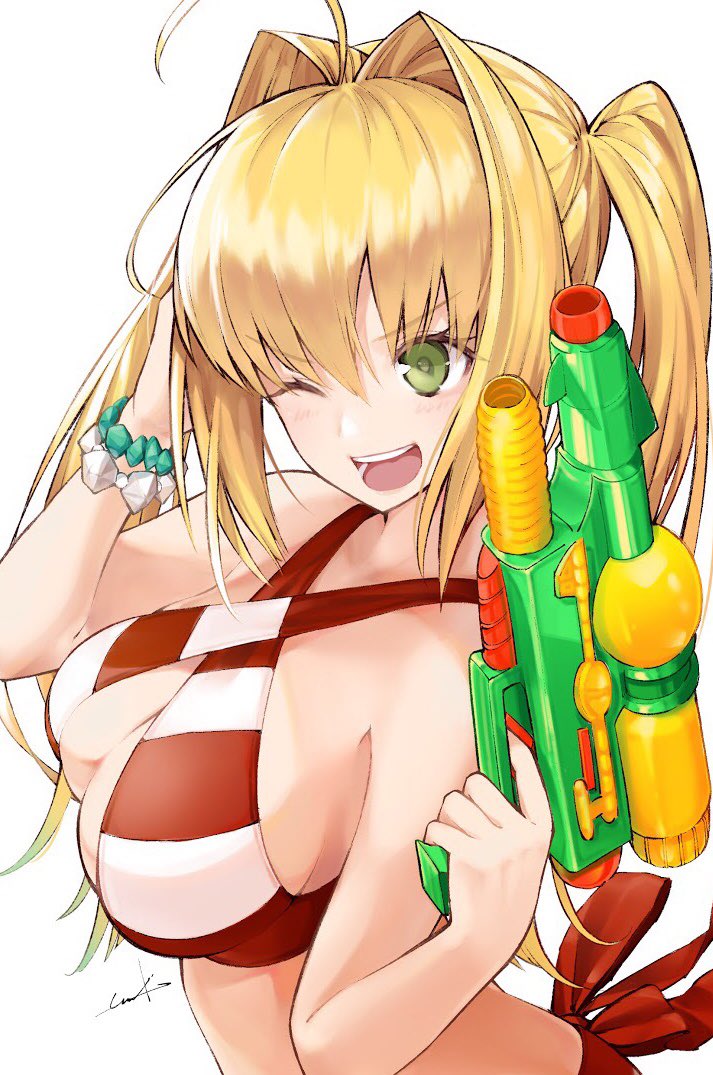 ;d ahoge bare_arms bare_shoulders bikini blonde_hair blush bracelet breasts cleavage commentary_request criss-cross_halter eyebrows_visible_through_hair fate/grand_order fate_(series) green_eyes hair_intakes halterneck holding_water_gun jewelry large_breasts long_hair nero_claudius_(fate)_(all) nero_claudius_(swimsuit_caster)_(fate) one_eye_closed open_mouth red_bikini red_ribbon ribbon side-tie_bikini sideboob signature simple_background smile solo striped striped_bikini striped_swimsuit swimsuit twintails utayoi_(umakatare) water_gun white_background white_bikini