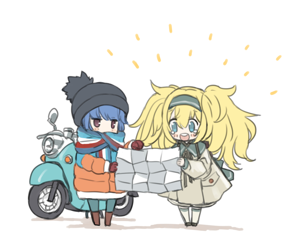 :d bangs beanie blonde_hair blue_eyes blue_hair blush casual chibi closed_mouth commentary crossover gambier_bay_(kantai_collection) gloves ground_vehicle hair_between_eyes hairband hat jitome kantai_collection long_hair long_sleeves makishima_azusa map messy_hair motor_vehicle motorcycle multiple_girls open_mouth purple_eyes red_eyes scarf shima_rin simple_background smile tears twintails white_background yurucamp