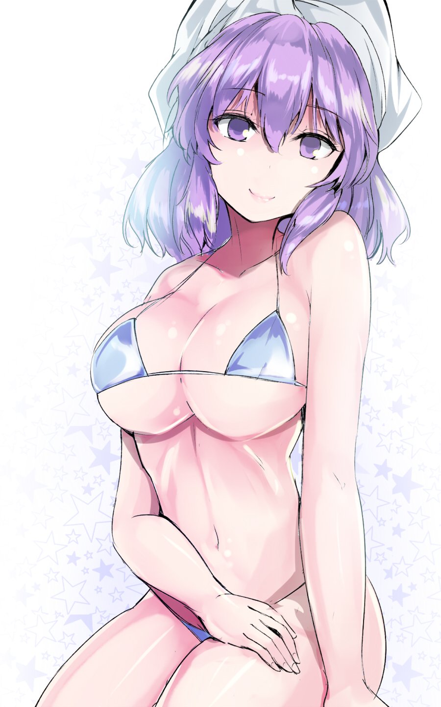 bare_arms bare_shoulders bikini blue_bikini breasts collarbone commentary_request cowboy_shot eyebrows_visible_through_hair hair_between_eyes halterneck hand_on_thigh hat head_tilt highres large_breasts letty_whiterock looking_at_viewer micro_bikini navel pink_lips purple_eyes purple_hair short_hair sidelocks sitting solo star starry_background stomach swimsuit touhou white_background white_hat y2