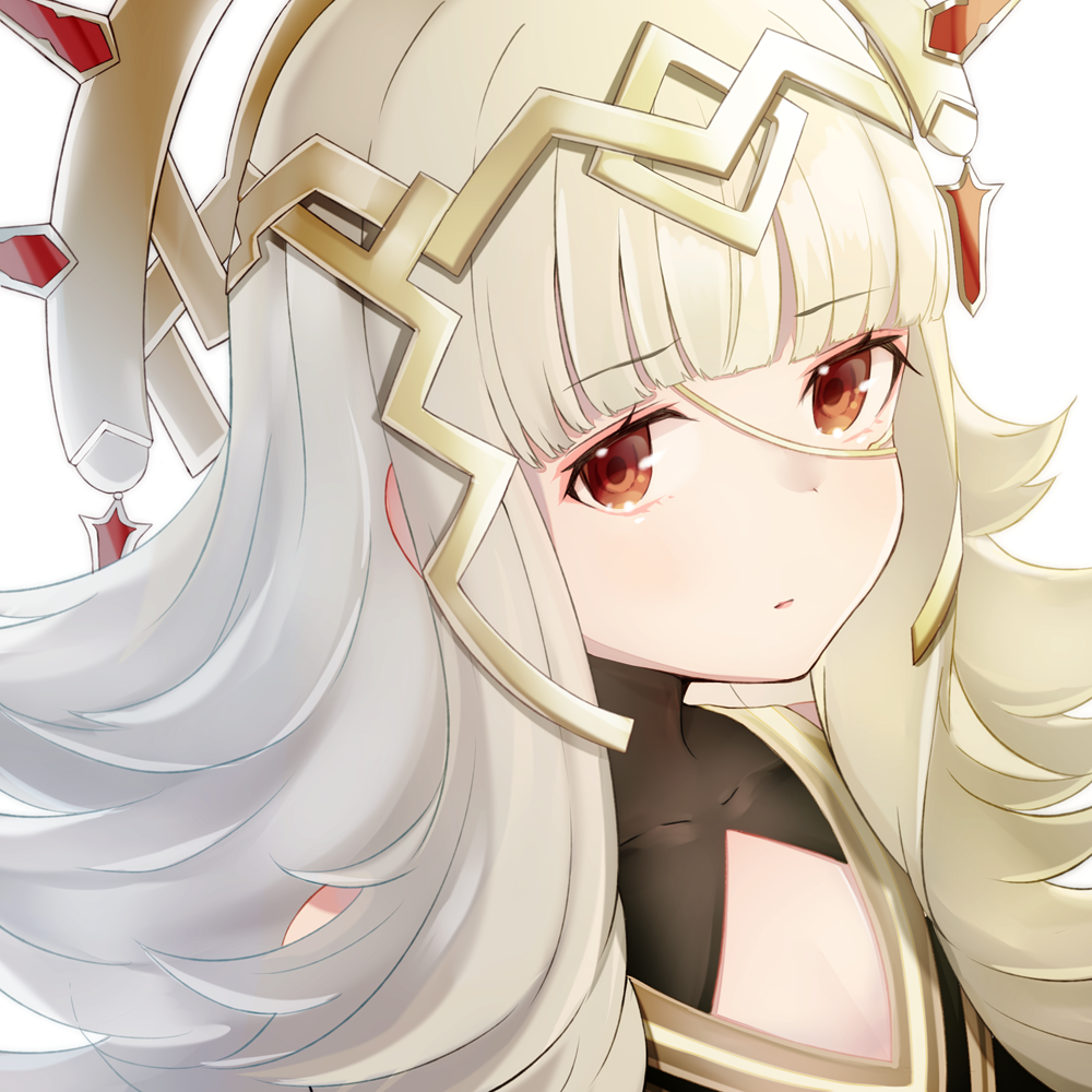 cleavage_cutout commentary crown expressionless fire_emblem fire_emblem_heroes grey_hair hair_ornament long_hair red_eyes ringozaka_mariko solo veronica_(fire_emblem)