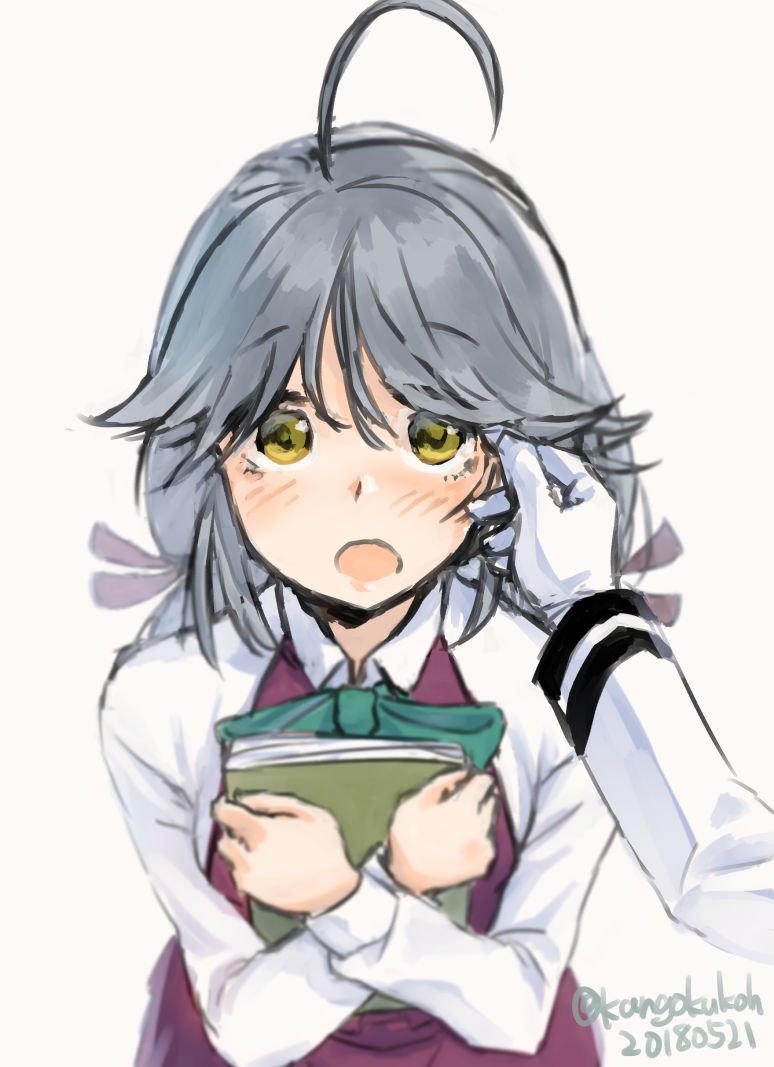 :o ahoge blush book book_hug bow bowtie dated gloves green_eyes grey_hair hair_ribbon hair_tucking hamanami_(kantai_collection) holding holding_book kangoku_kou kantai_collection long_hair long_sleeves looking_at_viewer out_of_frame pov pov_hands ribbon simple_background solo_focus twitter_username white_background white_gloves