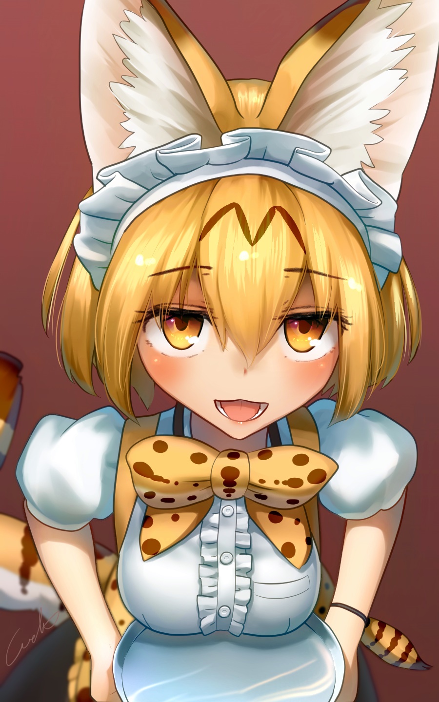 :d adapted_costume alternate_costume animal_ears blonde_hair bow breasts breasts_on_tray center_frills commentary_request enmaided eyebrows_visible_through_hair eyes_visible_through_hair hair_between_eyes highres kemono_friends looking_at_viewer maid maid_headdress medium_breasts open_mouth orange_eyes print_bow puffy_short_sleeves puffy_sleeves serval_(kemono_friends) serval_ears serval_print serval_tail short_hair short_sleeves signature simple_background smile solo tail tray welt_(kinsei_koutenkyoku)