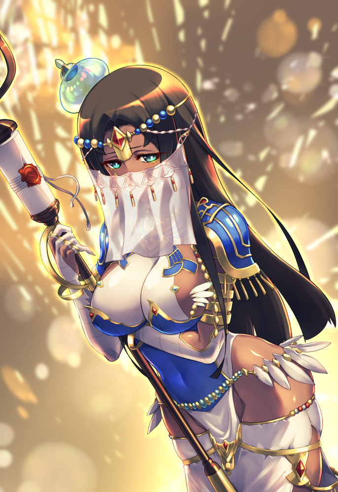 arm_under_breasts arm_wrap armlet bangs black_hair blue_armor bracelet breast_hold breastplate breasts bridal_gauntlets circlet commentary_request covered_navel dark_skin fate/grand_order fate_(series) feathers green_eyes hat hips jewelry large_breasts long_hair looking_at_viewer parted_bangs pauldrons ring scheherazade_(fate/grand_order) scroll sideboob solo staff thighlet thighs tomoyohi veil