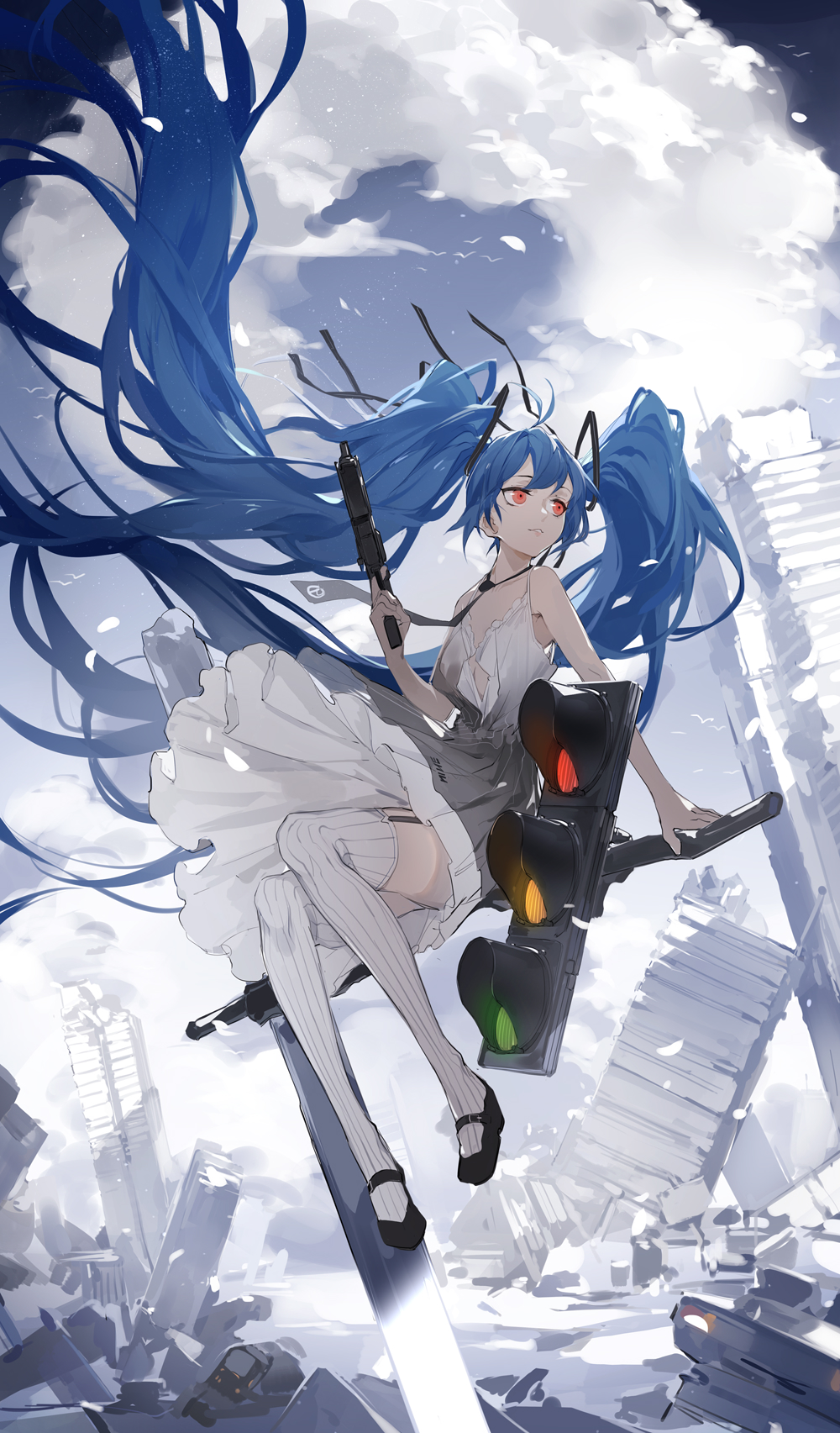 arm_support bangs bare_shoulders black_footwear black_neckwear black_ribbon blue_hair building closed_mouth cloud commentary dress eyebrows_visible_through_hair finger_on_trigger floating_hair full_body garter_straps girls_frontline grey_dress gun highres holding holding_gun holding_weapon lamppost long_hair looking_away looking_to_the_side mary_janes necktie nine_(liuyuhao1992) no_bra ribbon shipka_(girls_frontline) shoes sidelocks sitting sleeveless sleeveless_dress solo striped striped_legwear thighhighs thighs traffic_light twintails very_long_hair weapon white_legwear wind wind_lift