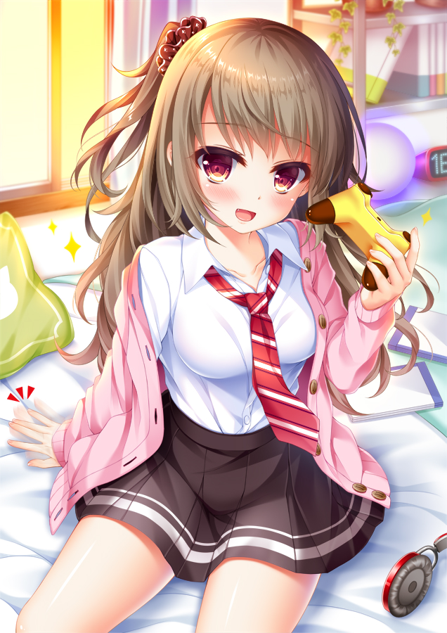 1girl :d afterimage alarm_clock bangs bed_sheet blush breasts brown_hair brown_scrunchie brown_skirt cardigan clock collarbone collared_shirt commentary_request controller diagonal-striped_neckwear diagonal_stripes dress_shirt eyebrows_visible_through_hair fang game_controller hair_ornament hair_scrunchie headphones headphones_removed holding indoors long_hair long_sleeves looking_at_viewer medium_breasts moe2019 necktie off_shoulder one_side_up open_cardigan open_clothes open_mouth original patting pillow pink_cardigan pleated_skirt red_eyes red_neckwear school_uniform scrunchie shirt shitou sidelocks sitting skirt sleeves_past_wrists smile solo sparkle striped striped_neckwear sunlight sunset very_long_hair white_shirt window