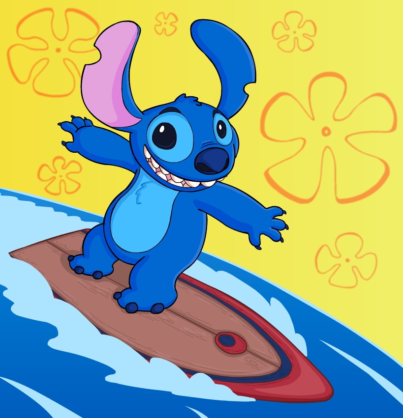 2013 3_toes 4_fingers alien ardwick blue_claws blue_eyes blue_fur blue_nose chest_tuft claws digital_drawing_(artwork) digital_media_(artwork) disney experiment_(species) fur head_tuft lilo_and_stitch looking_at_viewer notched_ear simple_background smile solo stitch surfboard surfing toes tuft water yellow_background