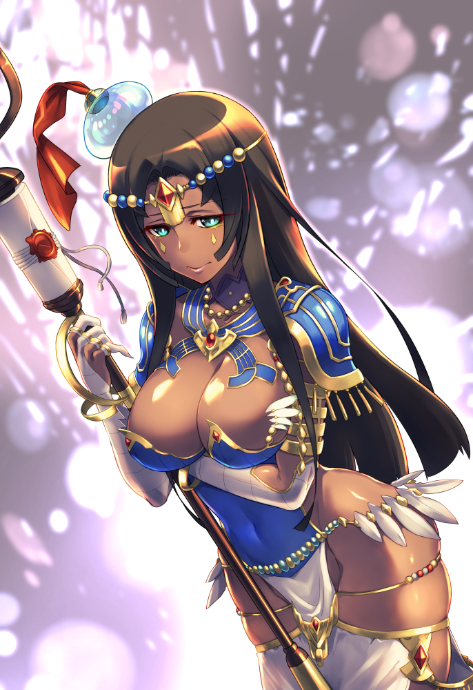 arm_under_breasts arm_wrap armlet bangs black_hair blue_armor bracelet breast_hold breastplate breasts bridal_gauntlets circlet cleavage commentary_request covered_navel dark_skin facial_mark fate/grand_order fate_(series) feathers green_eyes hat hips jewelry large_breasts long_hair looking_at_viewer parted_bangs pauldrons ring scheherazade_(fate/grand_order) scroll solo staff thighlet thighs tomoyohi