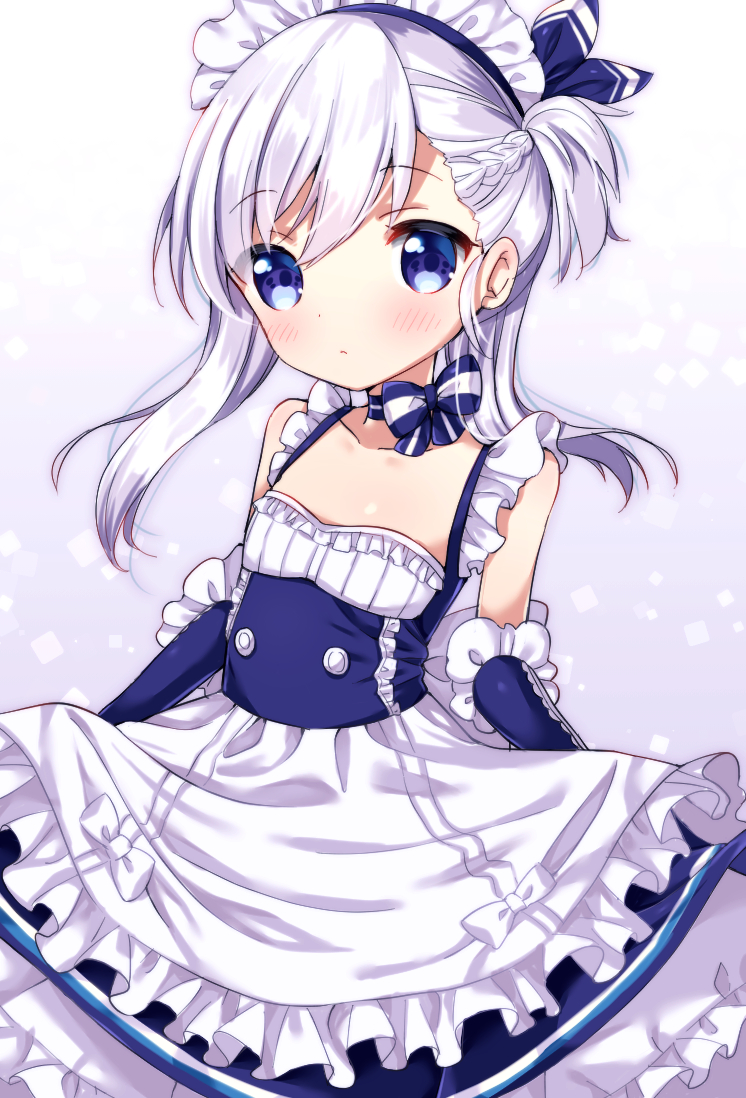 apron azur_lane bangs bare_shoulders belchan_(azur_lane) belfast_(azur_lane) blue_bow blue_dress blue_eyes blue_ribbon bow braid collarbone commentary_request dress elbow_gloves eyebrows_visible_through_hair frilled_apron frills gloves hair_between_eyes hair_ribbon maid maid_headdress one_side_up ribbon silver_hair sleeveless sleeveless_dress solo striped striped_bow uchuuneko waist_apron white_apron