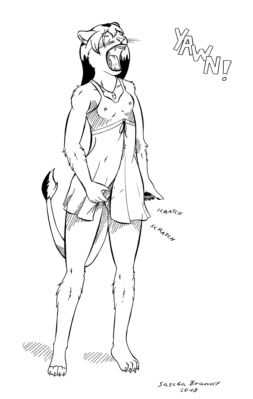 anthro cat feline female invalid_tag line_art lion lionclaw1 lionheart mammal monochrome morning negligee nipples pussy sandra scratching solo whiskers