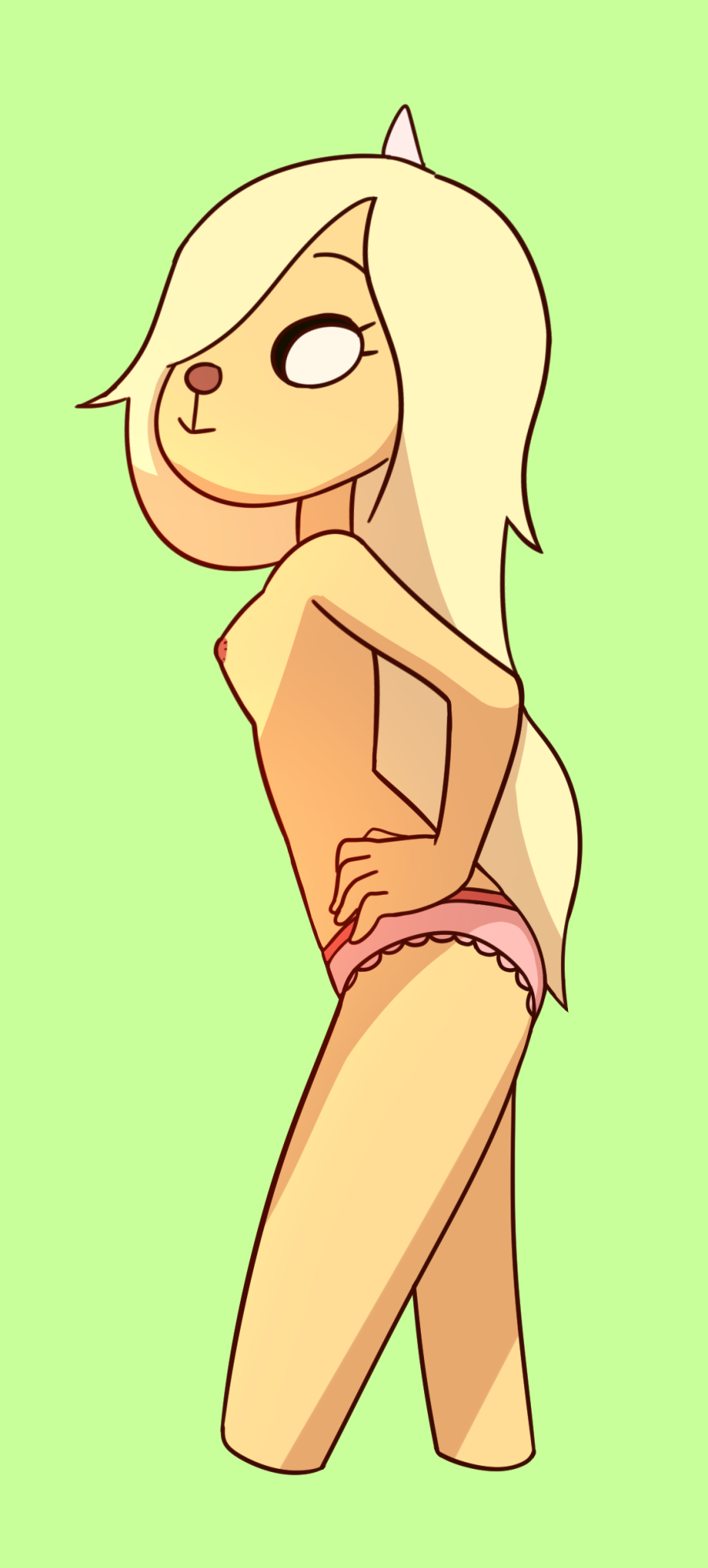 adventure_time anthro blonde_hair breasts bronwyn canine cartoon_network clothing eyelashes female fur hair hi_res horn mammal nipples panties secludedsketches_(artist) side_boob small_breasts smile solo standing underwear yellow_fur