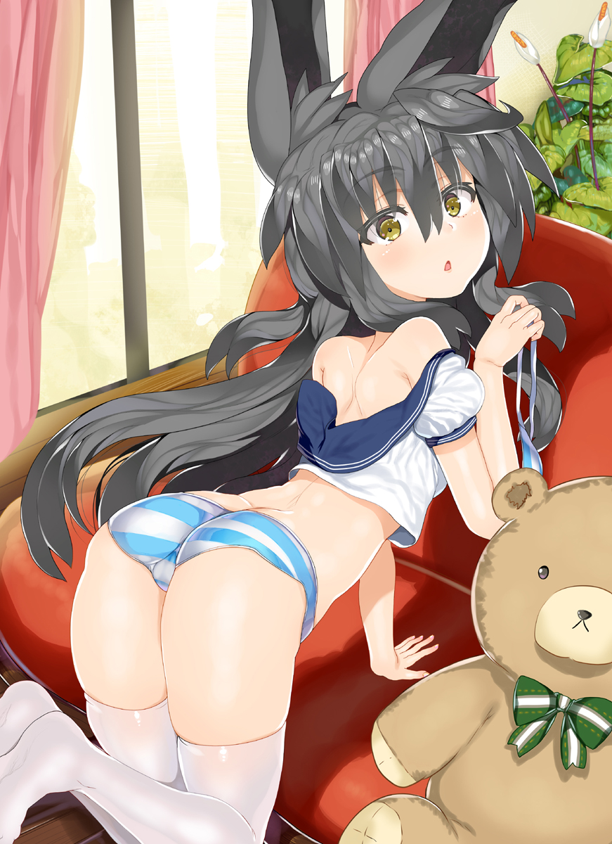 all_fours animal_ears ass bangs bare_shoulders black_hair blue_sailor_collar blush bow bra bra_removed char commentary_request curtains eyebrows_visible_through_hair fingernails green_bow hair_between_eyes highres holding holding_bra indoors long_hair looking_at_viewer looking_back necro-san no_shoes off_shoulder original panties parted_lips puffy_short_sleeves puffy_sleeves sailor_collar school_uniform serafuku shirt short_sleeves shoulder_blades solo striped striped_bow striped_bra striped_panties stuffed_animal stuffed_toy teddy_bear thighhighs underwear very_long_hair white_legwear white_shirt window wooden_floor yellow_eyes
