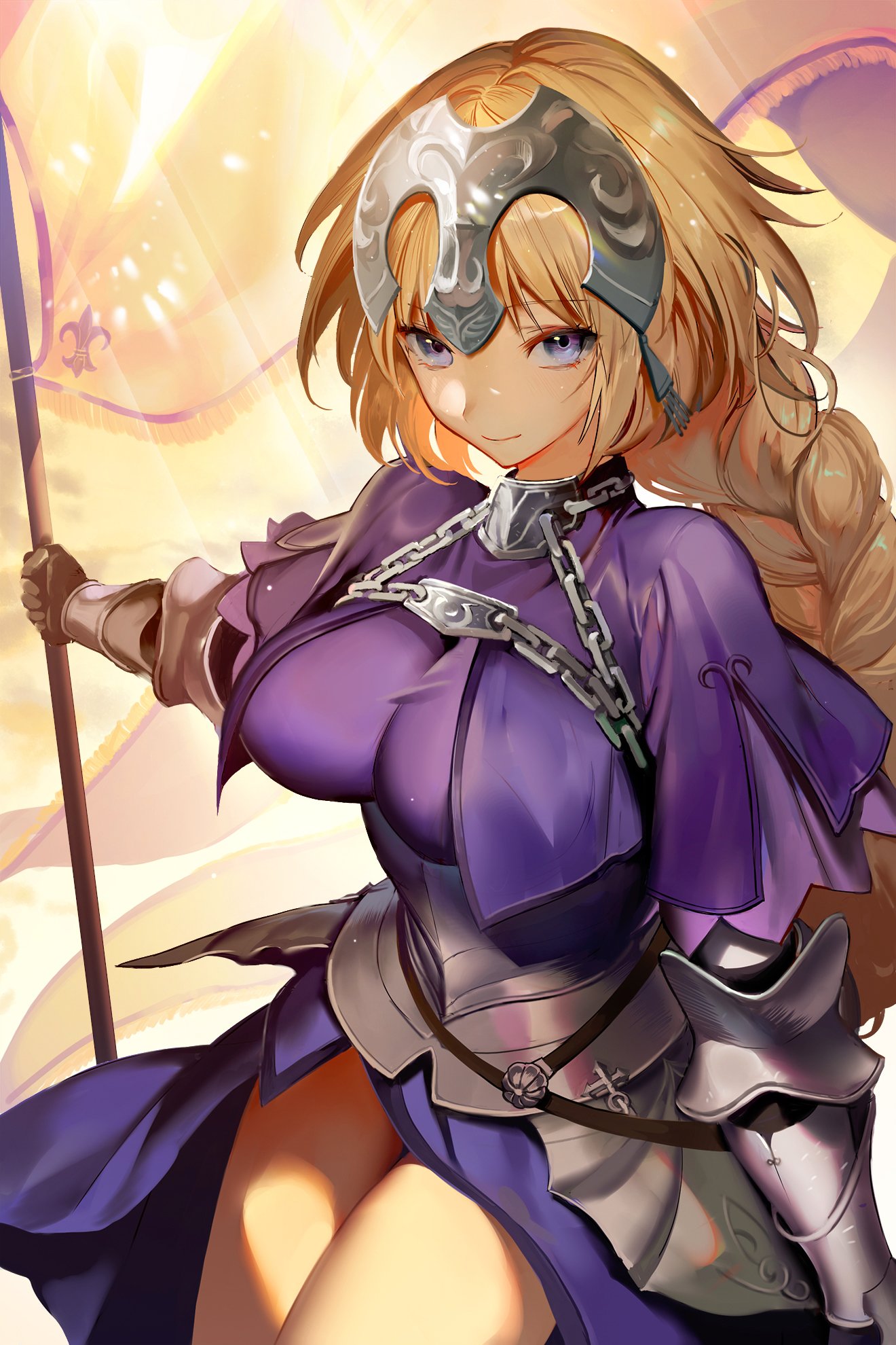 armor armored_dress bad_id bad_twitter_id bangs blonde_hair blue_eyes braid breasts capelet chain commentary_request cowboy_shot eyebrows_visible_through_hair fate/apocrypha fate/grand_order fate_(series) faulds flag gauntlets headpiece highres holding holding_flag jeanne_d'arc_(fate) jeanne_d'arc_(fate)_(all) large_breasts long_braid long_hair looking_at_viewer shycocoa single_braid solo very_long_hair