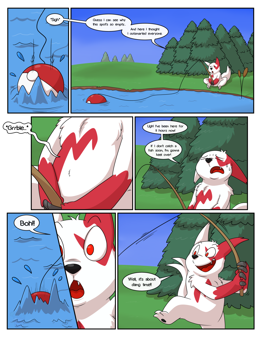 2018 anthro claws comic dweet-tea english_text fishing fishing_rod fur gurgle lake male multicolor nintendo open_mouth pok&eacute;mon pok&eacute;mon_(species) red_eyes red_fur solo sweat text tongue tree video_games water white_fur zangoose