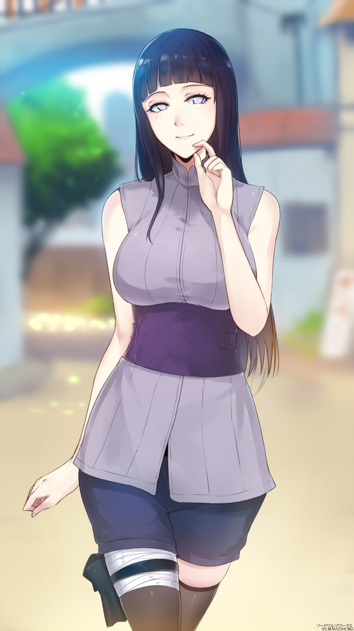 bandaged_leg bandages bangs bare_shoulders black_hair blouse blue_shorts blunt_bangs breasts corset highres hyuuga_hinata large_breasts long_hair looking_to_the_side naruto:_the_last naruto_(series) shorts smile solo swordwaltz thighhighs walking white_eyes