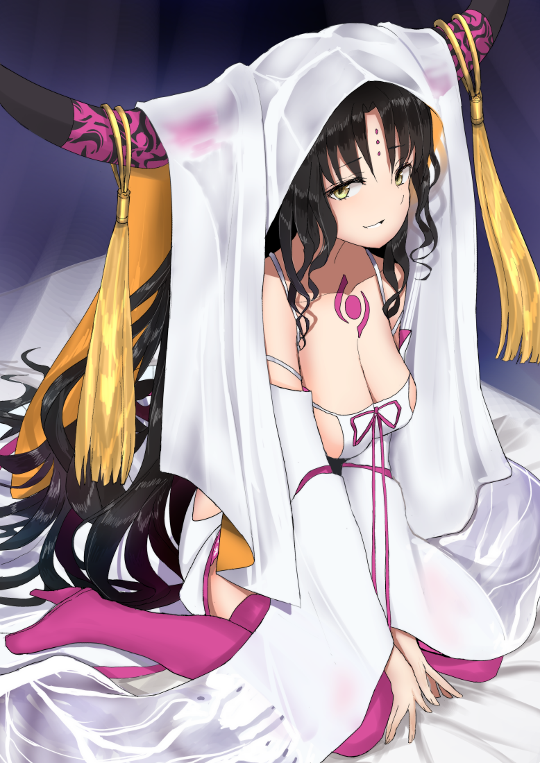 bangs bare_shoulders bed_sheet between_legs black_hair boots breasts cleavage collarbone commentary_request eyebrows_visible_through_hair facial_mark fate/extra fate/extra_ccc fate_(series) fingernails forehead_mark hair_between_eyes hand_between_legs high_heel_boots high_heels hinomaru_(futagun) horns large_breasts long_hair looking_at_viewer parted_bangs parted_lips pink_footwear pink_legwear see-through sesshouin_kiara sitting solo thigh_boots thighhighs veil very_long_hair wariza yellow_eyes