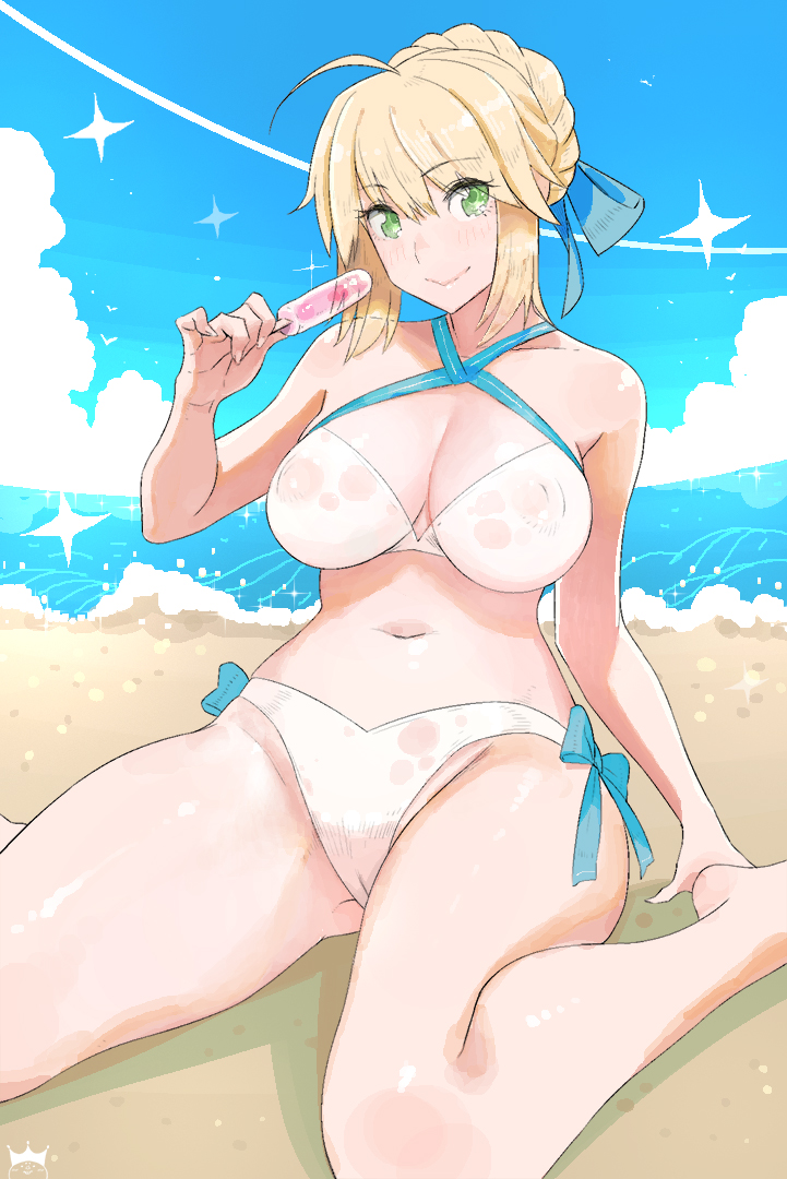 ahoge alternate_breast_size artoria_pendragon_(all) artoria_pendragon_(swimsuit_archer) bare_shoulders barefoot beach bikini blonde_hair blue_sky blush breasts cameltoe cleavage cloud covered_nipples day fate/grand_order fate/stay_night fate_(series) food green_eyes looking_at_viewer navel ocean outdoors pink_crown popsicle sitting sky smile solo swimsuit wariza white_bikini