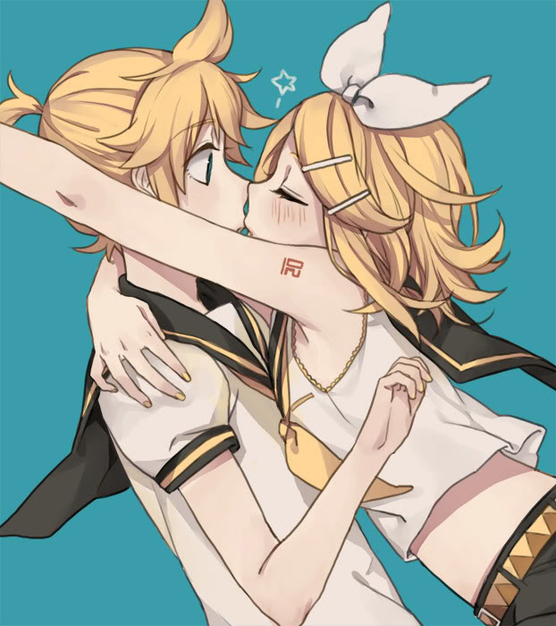 1girl arm_around_neck arm_tattoo bare_arms bare_shoulders blonde_hair blue_eyes blush bow brother_and_sister closed_eyes crop_top eyelashes flat_chest formalin glomp hair_bow hair_ornament hairclip hand_on_another's_shoulder hug imminent_hug imminent_kiss incest kagamine_len kagamine_rin leaning_forward midriff nail_polish number_tattoo open_eyes profile sailor_collar shirt short_hair short_ponytail shorts siblings sleeveless sleeveless_shirt surprised tattoo twincest twins upper_body vocaloid yellow_nails yellow_neckwear