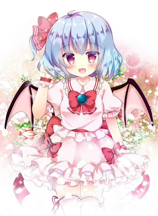 :d ahoge arm_up bangs bat_wings blue_hair blush bow collared_shirt commentary_request eyebrows_visible_through_hair fang flower frilled_legwear frilled_shirt_collar frilled_skirt frills hair_between_eyes hair_bow hand_in_hair looking_at_viewer one_side_up open_mouth pink_legwear pink_shirt pink_skirt pink_wings puffy_short_sleeves puffy_sleeves red_bow red_eyes red_ribbon remilia_scarlet ribbon rikatan shirt short_sleeves skirt smile solo thighhighs touhou white_flower wings wrist_cuffs