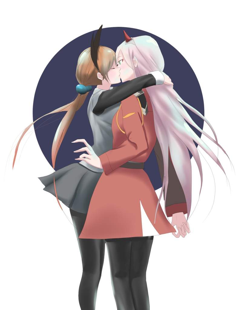 2girls alisa_southerncross aqua_eyes artist_request belt black_legwear black_pantyhose brown_hair couple crossover darling_in_the_franxx eyes_closed female green_eyes grey_skirt grey_uniform horns hug keroro_gunsou kiss long_hair long_sleeves looking_at_another low_twintails multiple_girls mutual_yuri pantyhose pink_hair pleated_skirt red_horns red_uniform skirt standing uniform yuri zero_two_(darling_in_the_franxx)