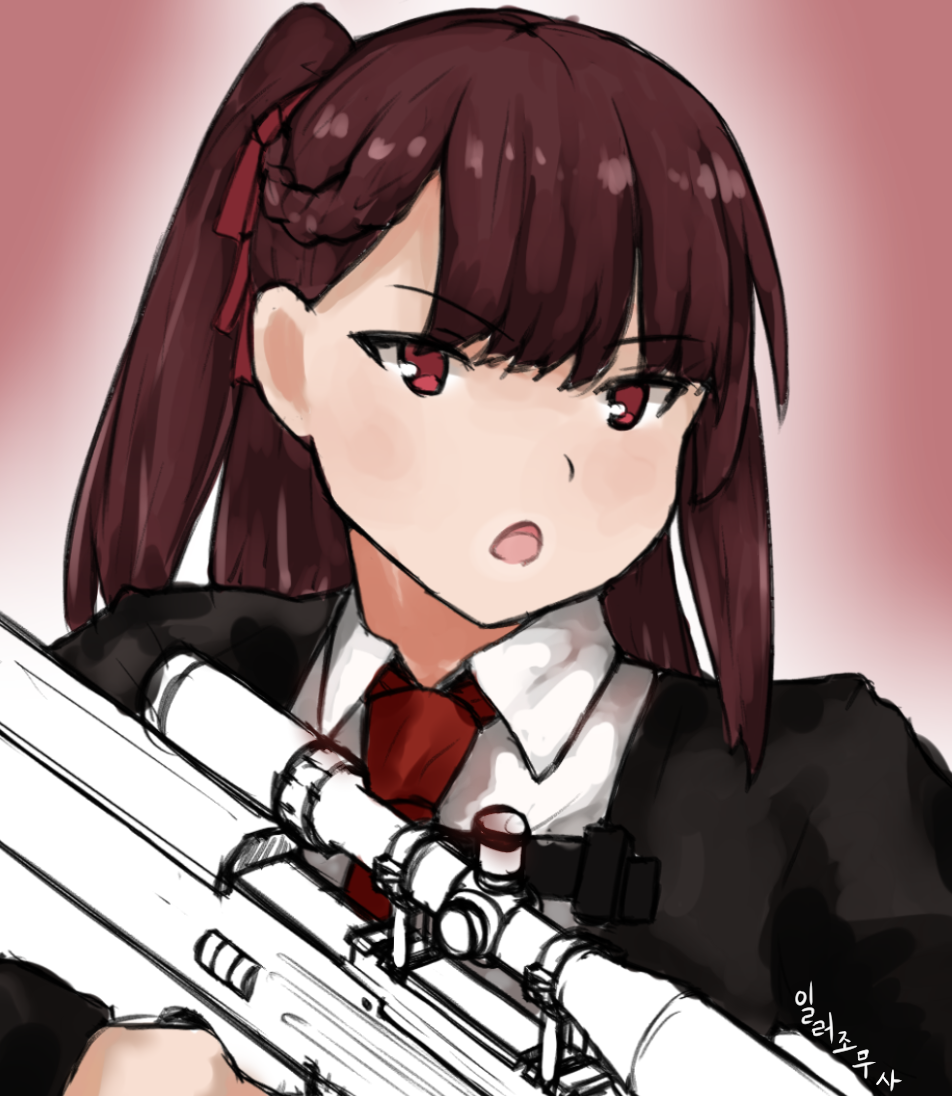 blazer blush braid bullpup commentary formal french_braid girls_frontline gun hair_ribbon illeojomusa jacket long_hair looking_at_viewer necktie one_side_up open_mouth ponytail red_eyes red_hair ribbon rifle shibafu_(glock23)_(style) shirt sidelocks sniper_rifle solo suit trigger_discipline very_long_hair wa2000_(girls_frontline) walther walther_wa_2000 weapon white_shirt