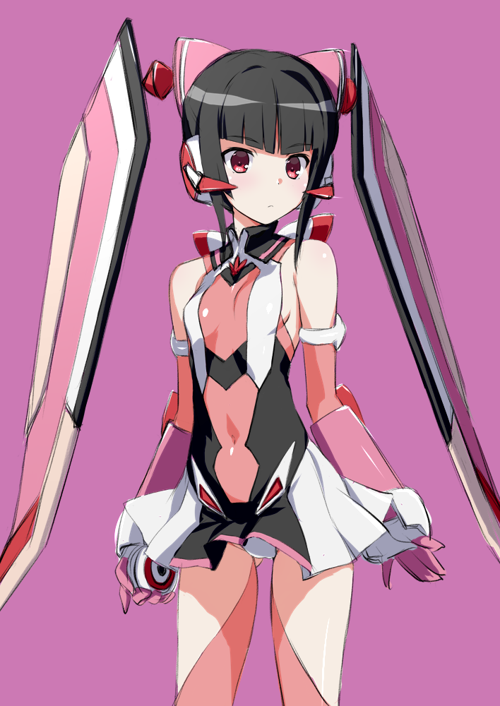 ass_visible_through_thighs bangs bare_shoulders black_hair blunt_bangs blush breasts commentary_request covered_navel elbow_gloves gauntlets gloves leotard long_hair looking_at_viewer md5_mismatch multicolored_leotard pink_eyes pink_gloves pink_legwear purple_background senki_zesshou_symphogear shiny shiny_hair shiny_skin simple_background skirt small_breasts solo standing tamahiyo thighhighs tsukuyomi_shirabe twintails