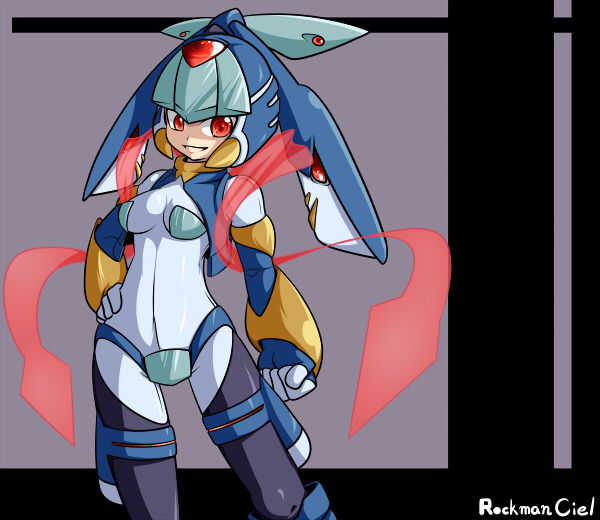 1girl adapted_costume alternate_eye_color bodysuit breasts clenched_hand cowboy_shot hand_on_hip helmet legs_appart leviathan_(rockman) medium_breasts red_eyes rockman rockman_zero smile solo standing