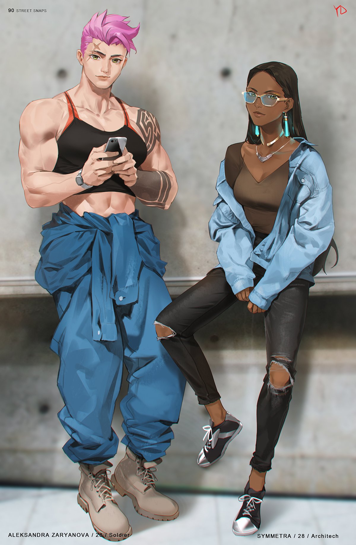 abs adapted_costume alternate_costume artist_name biceps black_pants brown_eyes brown_hair casual cellphone character_name clothes_around_waist commentary dark_skin earrings english_commentary fashion green_eyes highres jacket jewelry long_hair long_sleeves looking_at_viewer midriff multiple_girls muscle muscular_female neck necklace overwatch pants phone pink_hair ripped_jeans scar shirt_around_waist shoes short_hair shoulders sleeveless smartphone sneakers spiked_hair sunglasses symmetra_(overwatch) tall_female tank_top tattoo veins watch wristwatch yang-do zarya_(overwatch)