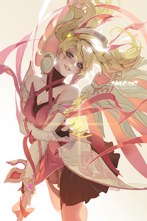 alternate_costume alternate_hairstyle backlighting blonde_hair blue_eyes breasts cleavage commentary dress elbow_gloves fingerless_gloves floating_hair gloves light_smile lips looking_at_viewer mechanical_halo mechanical_wings medium_breasts mercy_(overwatch) overwatch parted_lips pink_dress pink_mercy pink_ribbon ribbon shilin solo staff twintails watermark web_address wings
