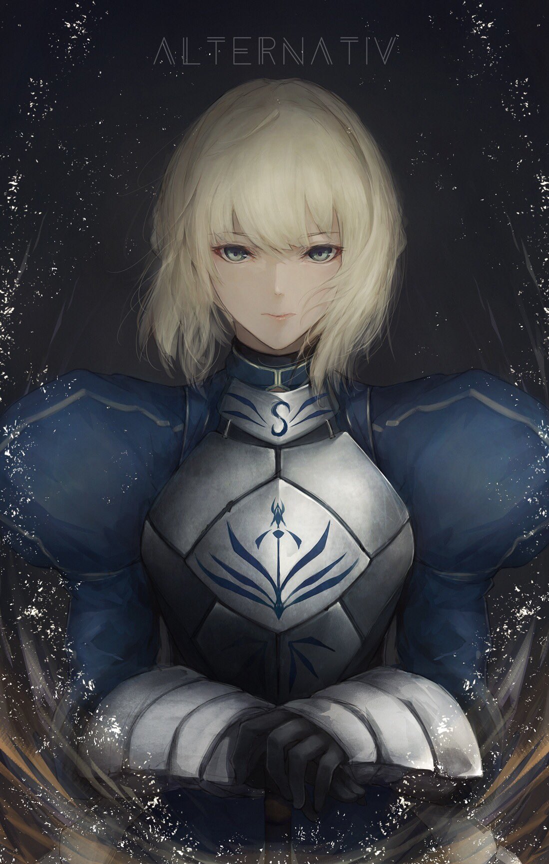 armor armored_dress artoria_pendragon_(all) bangs black_background black_gloves blonde_hair blue_dress braid breastplate closed_mouth commentary_request dress eyebrows_visible_through_hair fate/stay_night fate_(series) gauntlets gloves green_eyes hair_between_eyes hands_on_hilt highres juliet_sleeves long_sleeves looking_at_viewer marumoru own_hands_together puffy_sleeves saber upper_body