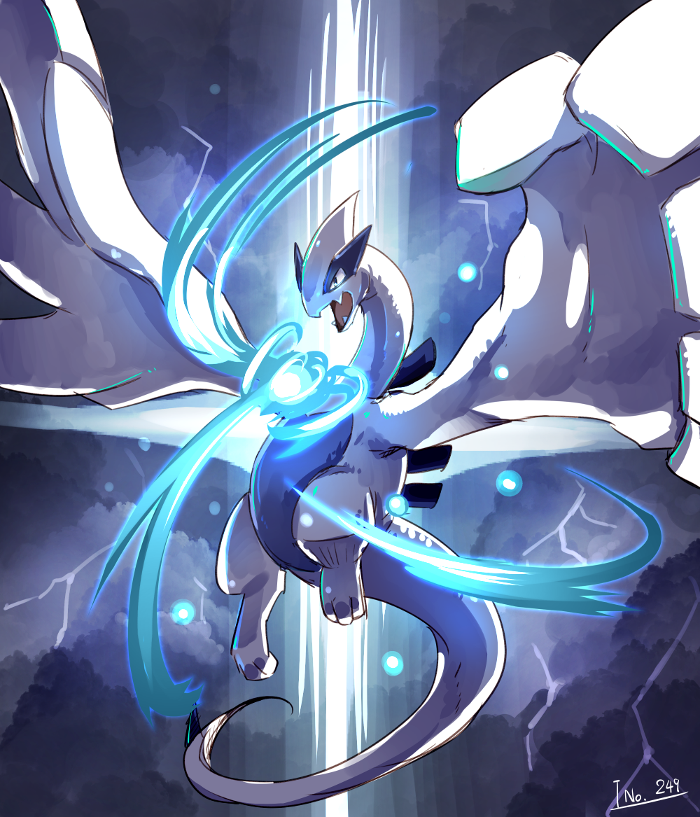 bird energy flying game_freak glowing inosuke-0101 lugia nintendo no_humans pokemon pokemon_(creature) wing