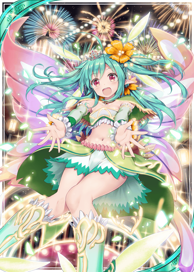 :d akkijin blue_hair boots breasts cape card_(medium) carnival cleavage crown dress fairy fairy_wings fireworks flower green_cape green_dress hair_flower hair_ornament official_art open_mouth pixie_servant_(shinkai_no_valkyrie) pointy_ears red_eyes shinkai_no_valkyrie smile solo wings yellow_flower