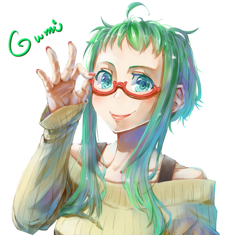 ahoge bad_id bad_twitter_id bare_shoulders blue_eyes bra_strap character_name commentary_request fingernails glasses green_hair gumi hand_up jaco lensless_glasses long_sleeves looking_at_viewer nail_polish off_shoulder red-framed_eyewear red_nails ribbed_sweater semi-rimless_eyewear short_hair_with_long_locks sidelocks simple_background sleeves_past_wrists smile solo sweater under-rim_eyewear vocaloid white_background yellow_sweater