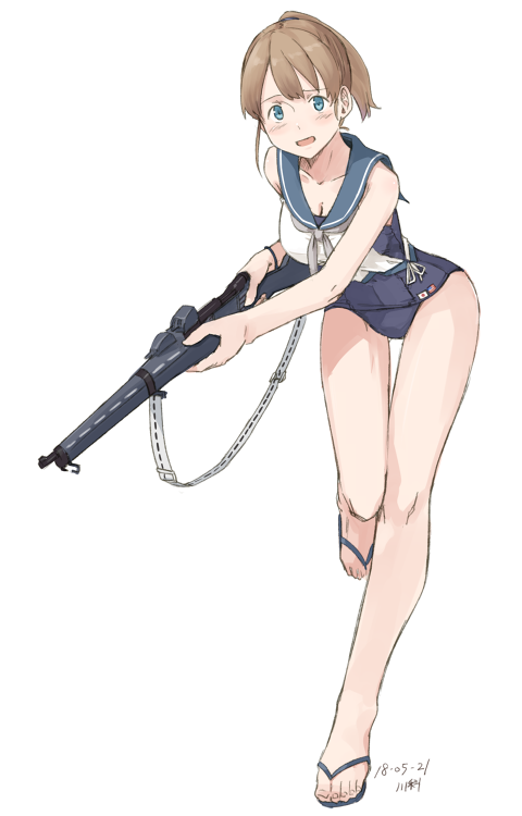 alternate_costume blue_eyes blue_sailor_collar blue_swimsuit brown_hair cosplay full_body gun intrepid_(kantai_collection) kantai_collection kawashina_(momen_silicon) leaning_forward m1903_springfield neckerchief one-piece_swimsuit ponytail rifle ro-500_(kantai_collection) ro-500_(kantai_collection)_(cosplay) sailor_collar sandals school_swimsuit shirt short_hair simple_background solo swimsuit weapon white_background white_neckwear white_shirt