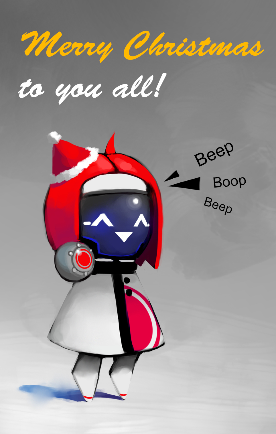 ^_^ ahoge christmas clothed clothing cute english_text eyes_closed featureless_legs front_view fully_clothed glowing glowing_eyes hair happy hat holidays machine noseless not_furry open_mouth open_smile psyk323 red_hair robot santa_hat screen_face short_hair smile solo text