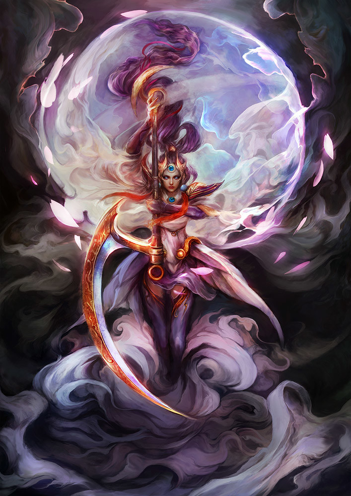 alternate_costume alternate_hair_color commentary diana_(league_of_legends) floating_hair forehead_jewel full_body goddess helmet huge_weapon league_of_legends long_hair lunar_goddess_diana muju pauldrons polearm purple_hair solo thighhighs very_long_hair weapon
