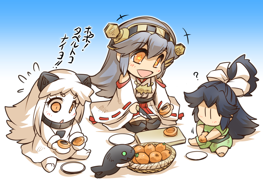 barefoot black_hair bowl chibi collar comic commentary cutting_board detached_sleeves dress flying_sweatdrops food fruit gradient gradient_background green_eyes grey_hair hair_ribbon haruna_(kantai_collection) headgear hisahiko holding holding_knife horns i-class_destroyer japanese_clothes kantai_collection katsuragi_(kantai_collection) knife kuchiku_i-kyuu long_hair loquat mittens multiple_girls nontraditional_miko northern_ocean_hime open_mouth orange_eyes plate ponytail ribbon seiza shinkaisei-kan sitting skirt sleeveless sleeveless_dress smile star star-shaped_pupils symbol-shaped_pupils thighhighs translated white_hair wide_sleeves younger