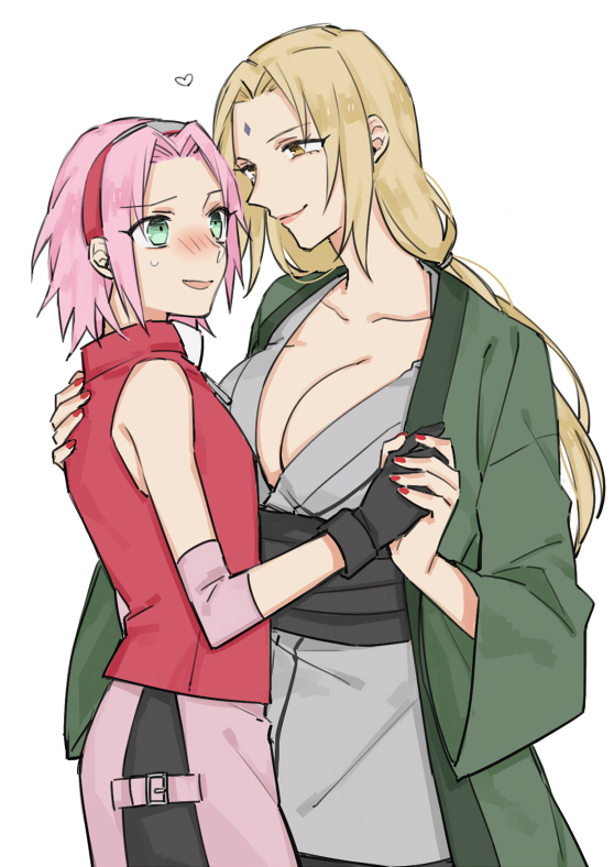 2girls areolae bare_shoulders blonde_hair blush breasts brown_eyes cleavage elbow eyebrows female forehead forehead_mark gigantic_breasts haruno_sakura hips huge_breasts large_breasts lipstick multiple_girls naruto naruto_shippuuden neck nipples nude older_on_younger open_mouth parochki pink_hair short_hair shoulders smile teacher_and_student tsunade yuri