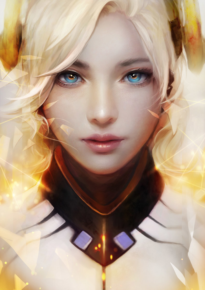 blonde_hair blue_eyes bodysuit commentary eyelashes face headgear highres light_particles lips long_hair looking_at_viewer mercy_(overwatch) muju overwatch parted_lips photorealistic pink_lips portrait realistic shards solo turtleneck