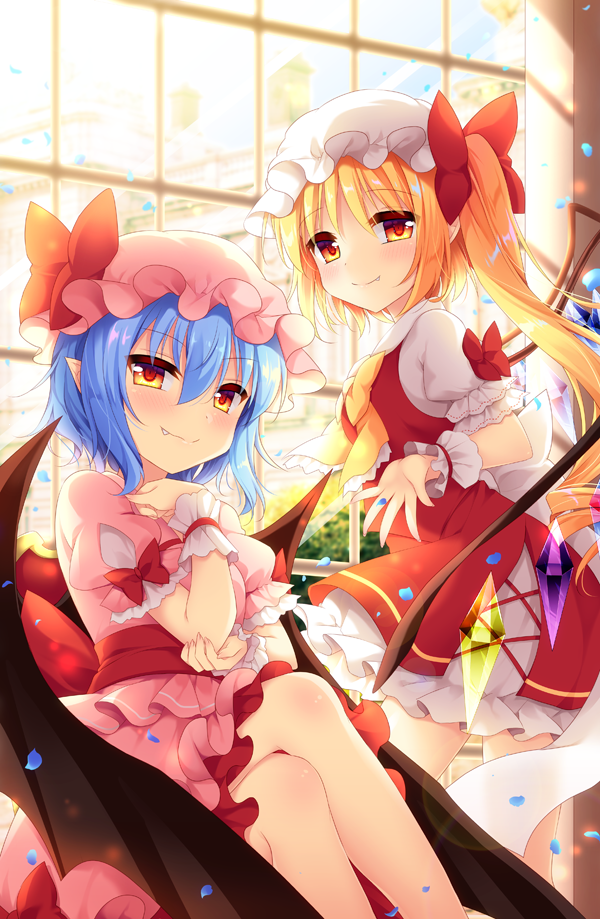 arm_ribbon arm_up backlighting bangs bat_wings blonde_hair blouse blue_sky bow commentary_request cravat cropped_legs cross-laced_clothes crossed_legs crystal day eyebrows_visible_through_hair fang fang_out feet_out_of_frame flandre_scarlet frilled_skirt frills hair_between_eyes hair_bow hand_on_own_chest hand_on_own_elbow hat hat_ribbon indoors light_blue_hair looking_at_viewer mob_cap multiple_girls open_hand petals petticoat pink_blouse pink_hat pink_skirt pointy_ears puffy_short_sleeves puffy_sleeves red_bow red_eyes red_skirt red_vest remilia_scarlet ribbon sash scarlet_devil_mansion shikitani_asuka short_hair short_sleeves siblings side_ponytail sisters sitting skirt sky smile sunlight touhou vest white_hat window wings wrist_cuffs yellow_neckwear