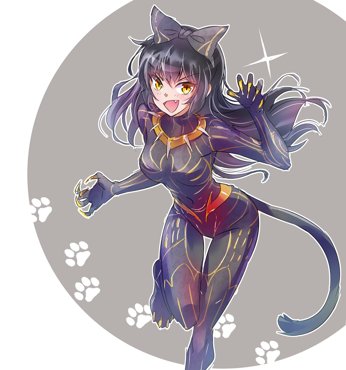 black_hair black_panther_(film) blake_belladonna bodysuit bow cat_tail claws commentary cosplay hair_bow highres iesupa killmonger long_hair marvel roosterteeth rwby solo tail yellow_eyes